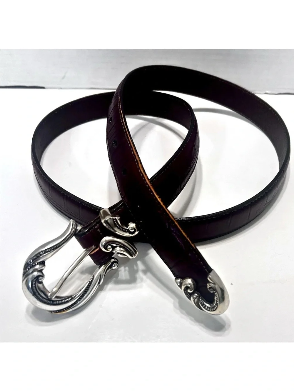 Brighton Belt Allegro Swirl 24507 Brown Croc Embossed Leather SZ M Made in USA